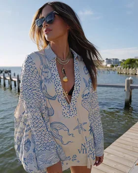 Women's Swimming Suit 2026 Beach Wear Dress Cover Up Summer Pareo Clothes New Fashion Casual Printed Satin Two Piece Set Boho 1