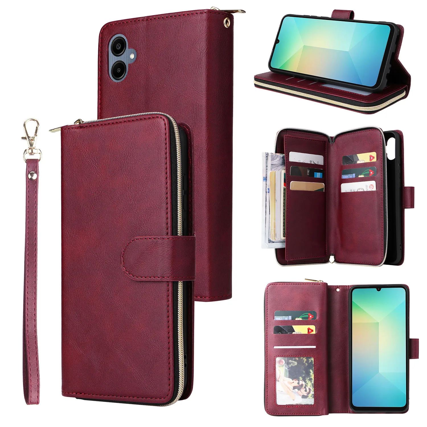 Leather Wallet Case with Zipper Card Slot and Flip Pocket Bag Cover