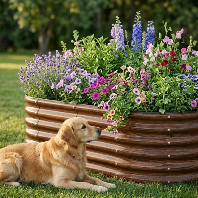 3 Pcs 4x2x1.5ft Raised Garden Bed Outdoor, 17" Tall Galvanized Metal Planter Box, Oval Kit for Vegetables Plants Fruits, Brown