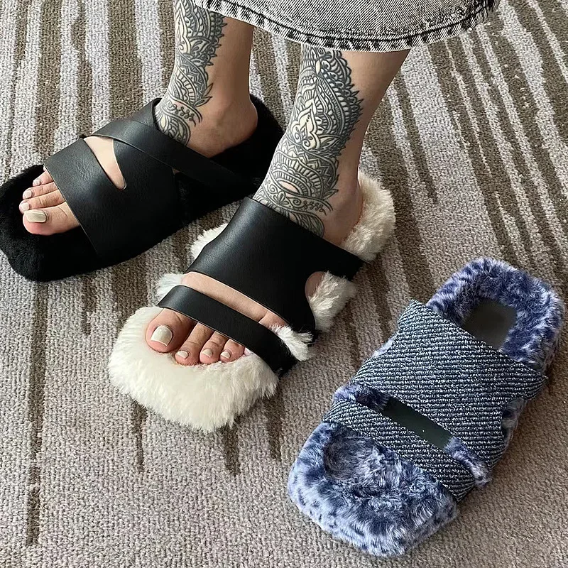 Open Toe Irregular Plush Slippers, Simple and Thick Sole, Versatile for External Wear, One Step Plush Shoes