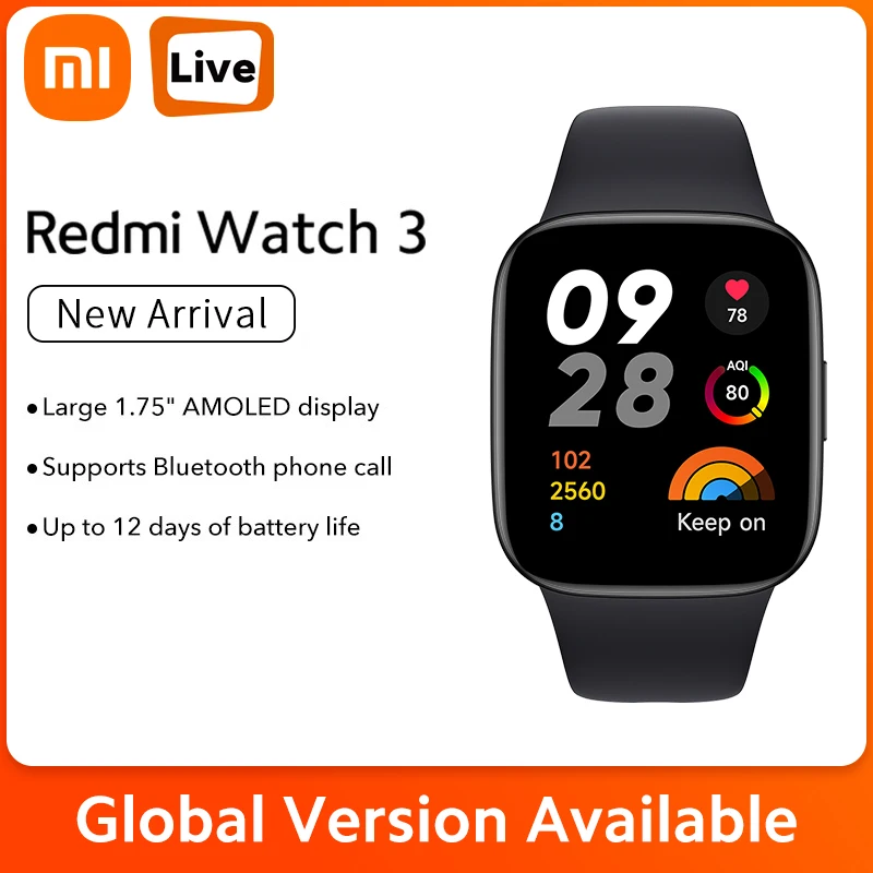 

Смарт-часы Redmi Watch 3 с AMOLED дисплеем 1,75 дюйма, GPS, Bluetooth 5,2, пульсометром и оксиметром