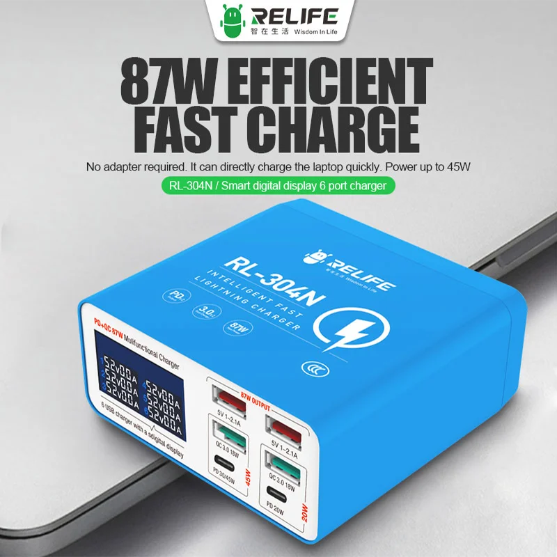 

RELIFE RL-304N 87W Intelligent High Power 6 Port PD3.0+QC3.0 Fast Charger 45W High Power Suitable for Charging Digital Devices