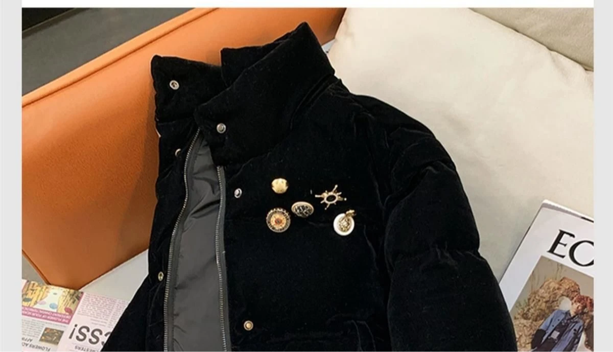 Outcoat Black Velvet Retro Short Down Cotton-padded Jacket Women New Winter Cotton-padded Jacket Thickened Stand-up Collar Coat