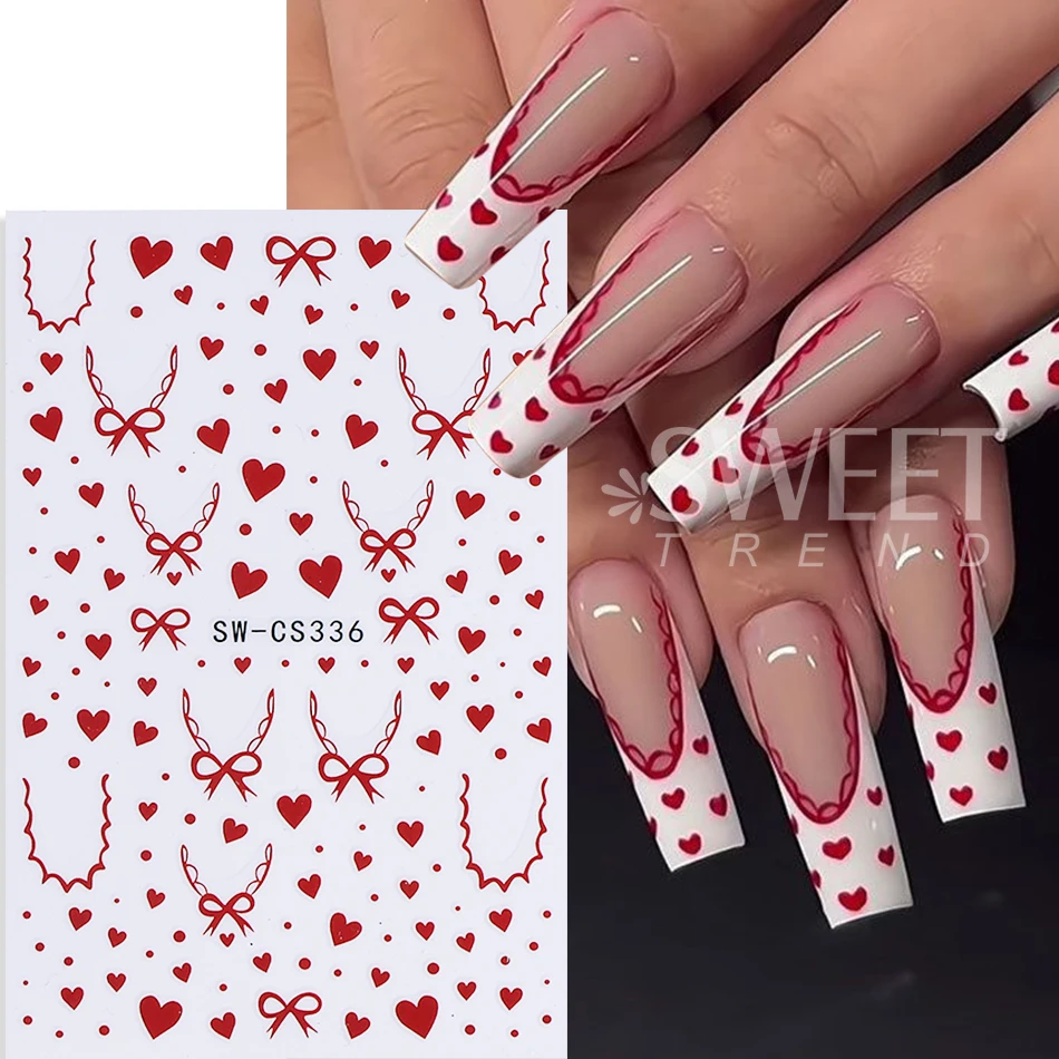 2pcs Valentine's Nail Stickers Red Love Heart Bow French Design Nail Decals DIY Elegant Adhesive Slider Manicure Decoration Tool