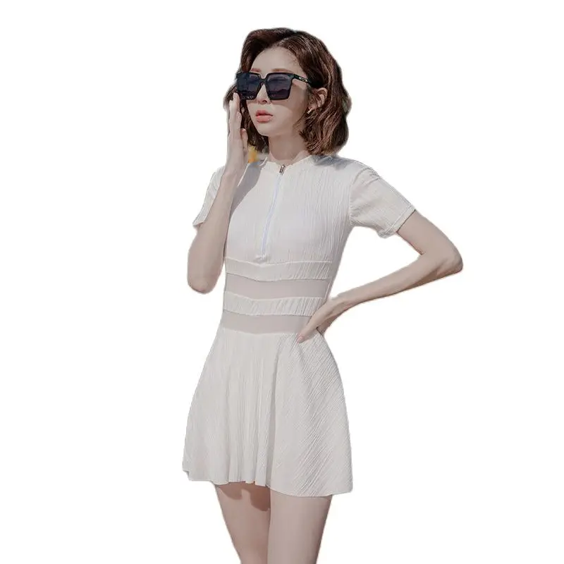 

One-Piece Skirt Swimsuit Women's Korean 2023 Ins Fashion Short Sleeve Conservative White Belly Covering Hot Spring Bathing Suit