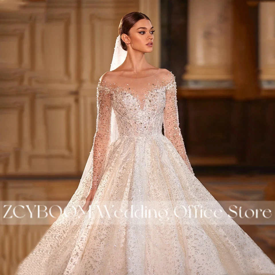 Luxuriöse Sweetheart Langarm A-Linie Brautkleider 2026 Funkelnde Spitze Kristalle Perlen Pailletten Brautkleider Vestidos De Novia – Detail 8