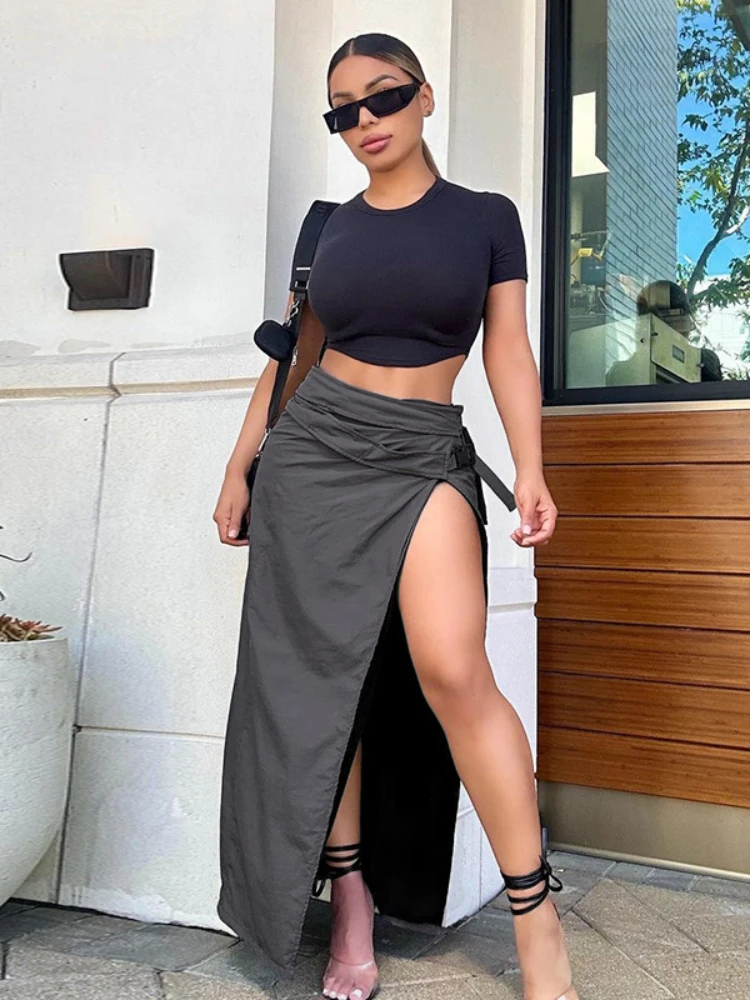 

Sexy High Waist Long Skirts Fashion Loose Slit Skirts Schoolbag Buckle Splice Pocket Clothing 2023 Chic and Elegant Woman Skirt