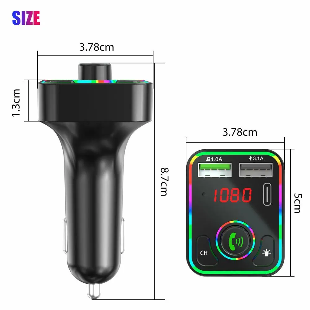 Podofo Car Wireless FM Transmitter Adapter BT 5.0 2 USB Charger Type-C Car Charger FM Transmitter