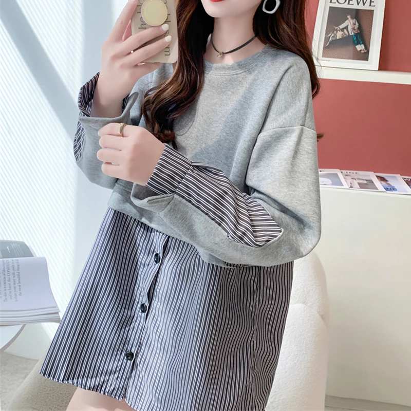 Patchwork Sweatshirts Lace-Up Grey Tops Pink Pullovers Buttons Long Sleeve Poncho Fall Winter Loose Casual Oversized Pullover