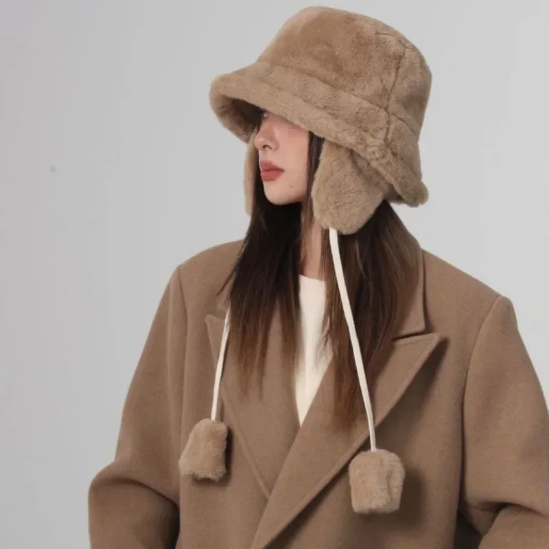 Fur Hat Winter Hat Bomber Winter Warm Bucket Hat for Women Golf Cap Hiking Hat Fur Barrel Cap Cotton Fabric Ear Protection