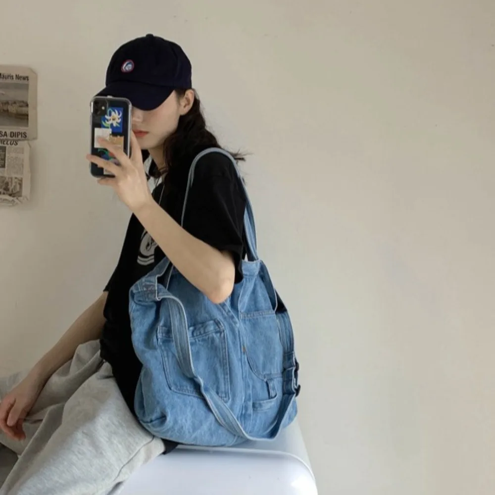 Portable Denim Cloth Casual Handbag Square Shape Blue Shoulder Bag Zipper Shopping Bag Unisex