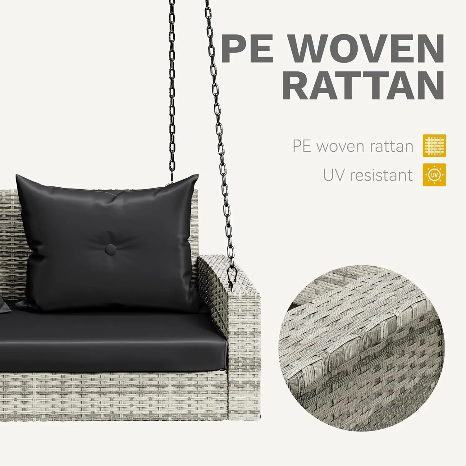 2-Seater Wicker Swing Chair. Outdoor Gray Rattan. 2 Back Cushions. 530lbs Capacity. Garden, Balcony. Gray Rattan. Black Cushion.