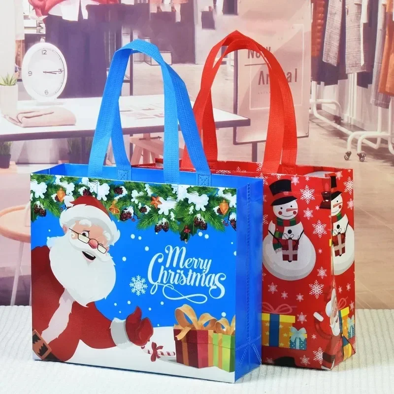 Party Gift Bags 60PC Christmas Tote Bags Santa Elk Snowflake Thickened Non-woven Printed Waterproof Decoration