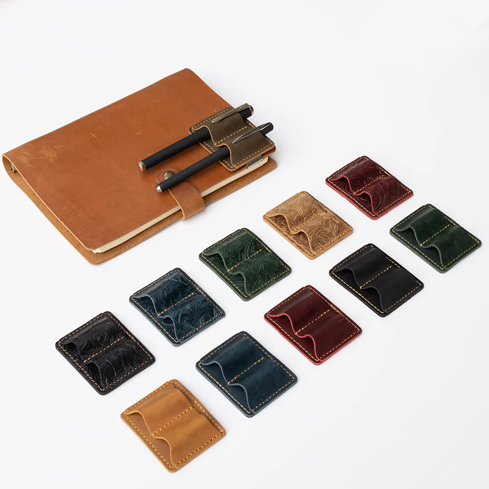 Vintage Crazy Horse Leather Cowhide Pen Holder with Stainless Steel Clip