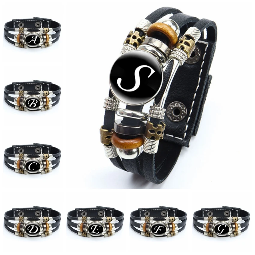 A-Z English Letters Leather Bracelet 26 Initial Letters Cabochon Glass Snap Bracelet for Men Women Couple