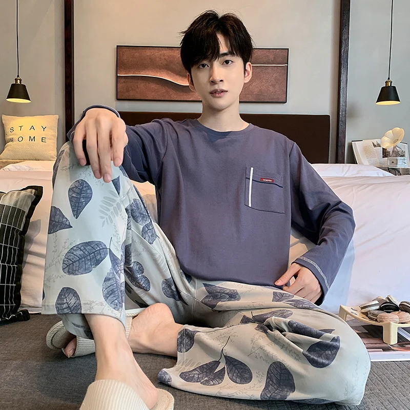 Autumn And Spring Large Size 3XL Pure Cotton Adult Letter Print Men's Pajamas Set Casual Loose Long-sleeved Home Clothes