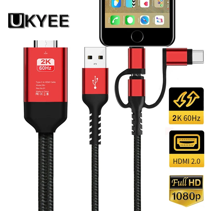 

UKYEE 3 in 1 HDMI-compatible Adapter Cable 2M Type C Micro usb iPhone MHL to HDMI HD screen projection cable for iPhone Android