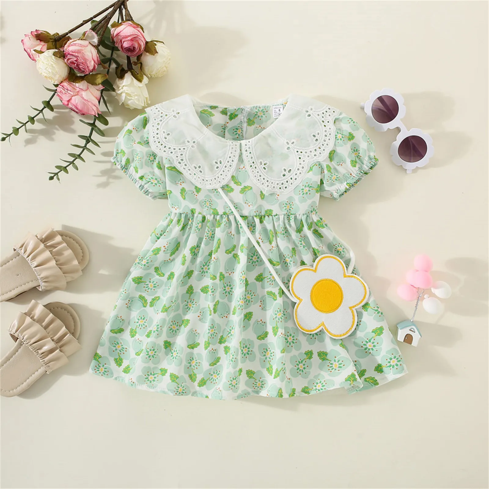 

Baby Girl Flower Dress With Bag Sweet Floral Prints Lace Ruffles Princess Dress Summer Sundress For Girls Toddler 1 2 3 Years