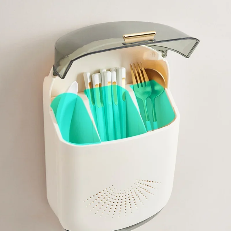 Wall-Mounted Dustproof Chopstick Holder Multi-functional Cutlery Holder Kitchen Knife Fork Spoon Container with Lid for Drainage 4