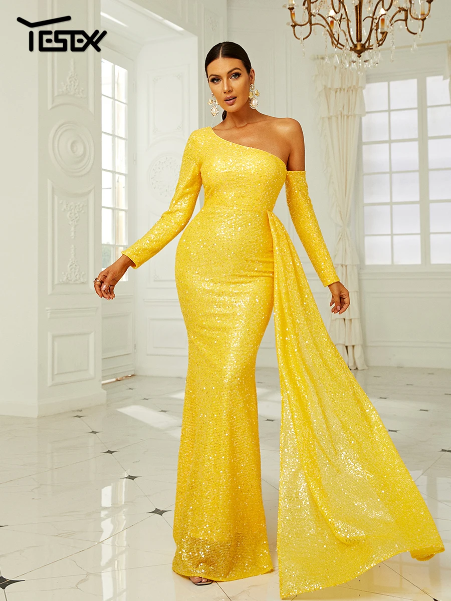 green emerald velvet dress Modest Yellow Sequins Slim Formal Prom Dress with Detachable Train EN5412 Size 10 / Yellow