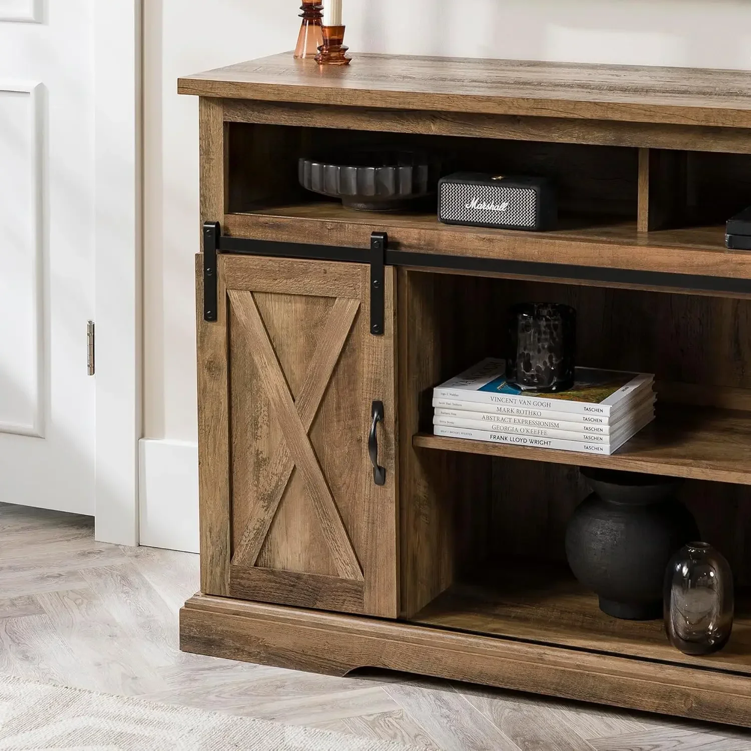 NEW-Clayton Farmhouse Sliding Double Barn Door TV Stand for TVs up to 58 Inches, 52 Inch, Rustic Oak