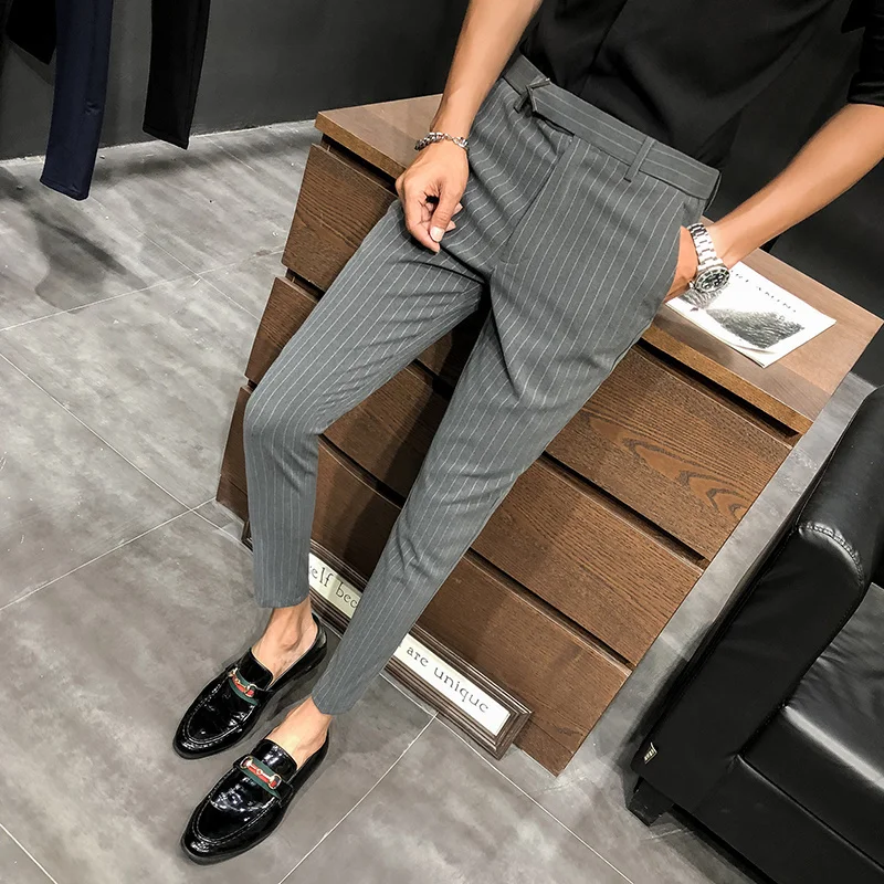 black blazer for men Style British Suit Pants Men Dress Pants Social Slim Fit Office Trousers Men Grey 2022 Spring New Striped Belt Trousers Men's casual blazer