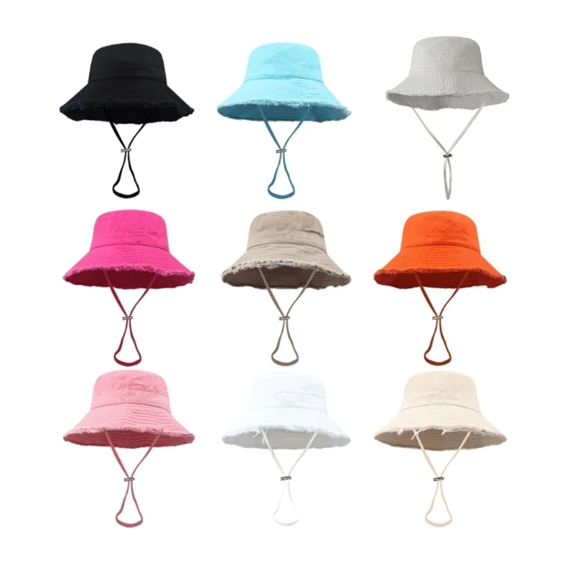 

Frayed Design Fisherman Hat with Adjust Chin Rope Anti-Uv Bucket Hat for Adult Teenagers Wide Brim Bucket Hat DropShip