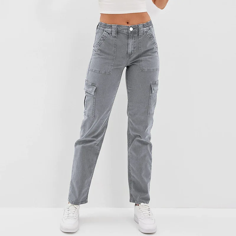 

S-2XL Plus Size Cargo Casual Straight Pants Women Mid Waist Stretch Comfort Cotton Grey Pants