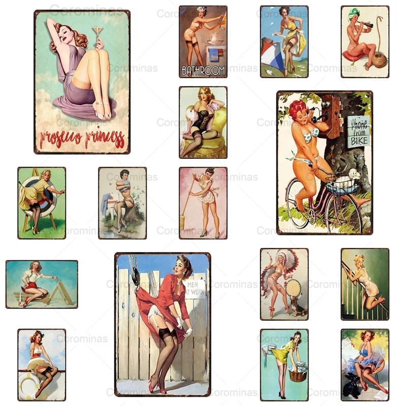 

Shabby Pin Up Girl Vintage Metal Sign Man Cave Funny Sexy Woman Beer Bike Tin Poster Retro Plaque Plate Iron Painting Home Decor