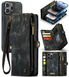 Caseme Lanyard Leather Wallet Case with Magnetic Zipper and Card Holder - iPhone 12 Mini (Black)