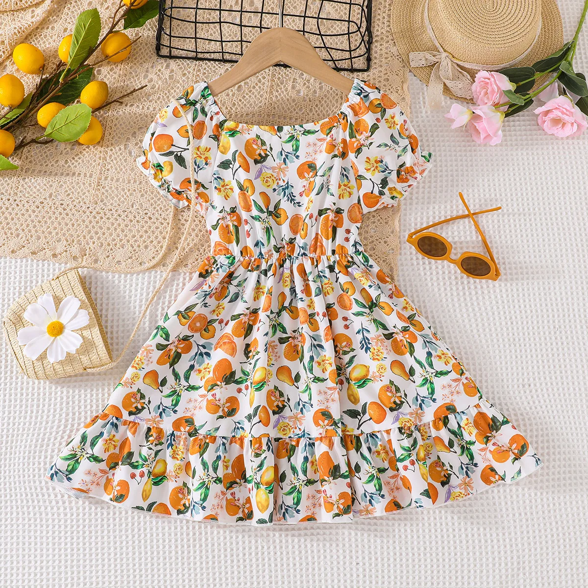 

2023 Summer New Arrival Girls Short Sleeve O Neck Print Fruit Orange Cute Roupa Infantil Menina Cute Party Dress Custume 18M-7T