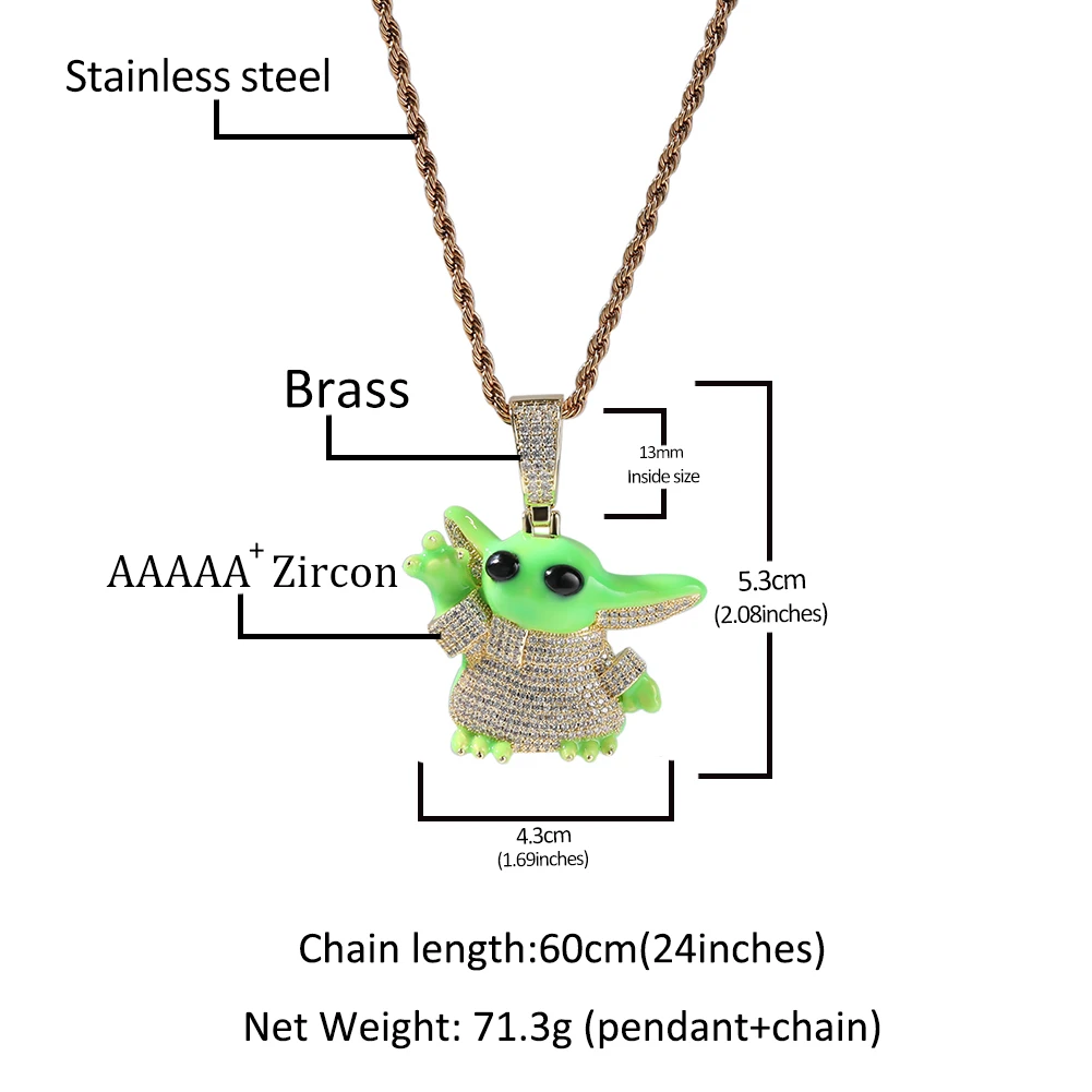 Uwin Cute Big Ear Alien Charms Iced Out Green Luminous CZ Necklaces For Women Man Hip Hop Jewelry