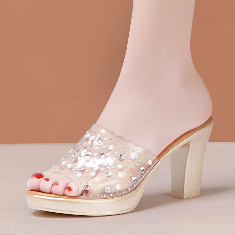 8cm Small Big Size 32-43 Clear Rhinestone Gold Block High Heels Shoes Summer Slippers 2023 Women's Leather Slides Office Party