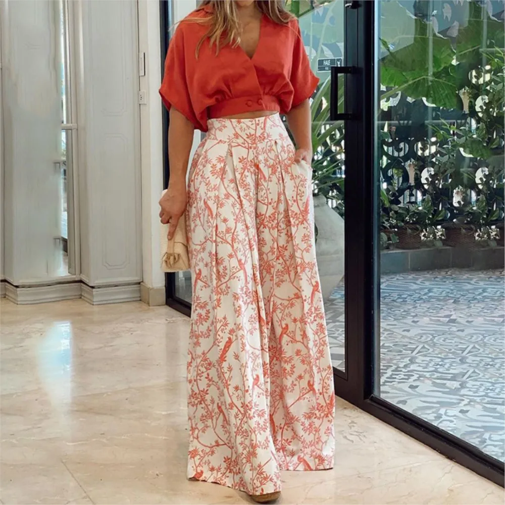 

Women Print Suit Pullover Lantern Sleeve V-Neck Top Wide Leg Pants Sets New Loose Casual Women's Clothing Summer Two Piece Set