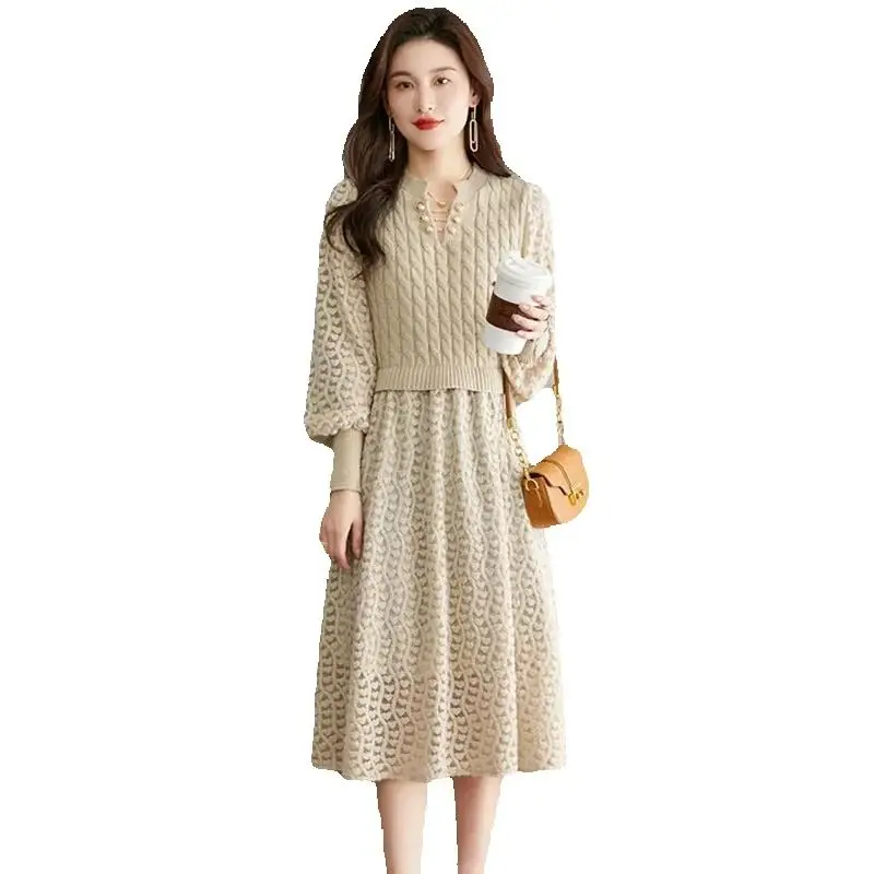 Autumn and Winter Woolen Dress New Women's Knitted Elegant Fashion Style Splicing Skirt Slim fit Medium length Dress for Outwear