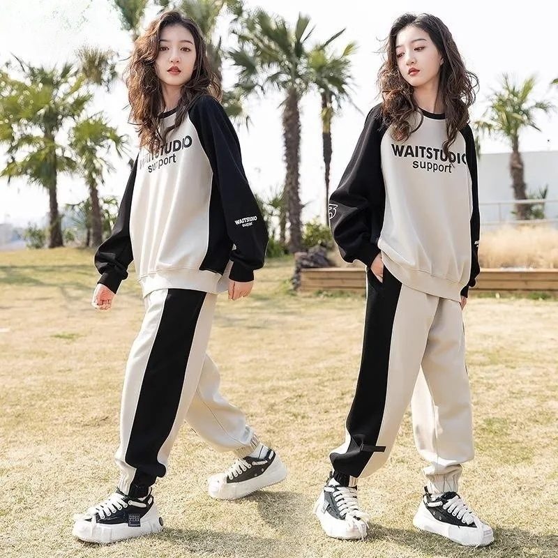 

Korea Autumn Winter Children Girl Sweatshirts Contrast Letter Printed Junior Girl sport Shirt Cotton School Girl O-neck Top