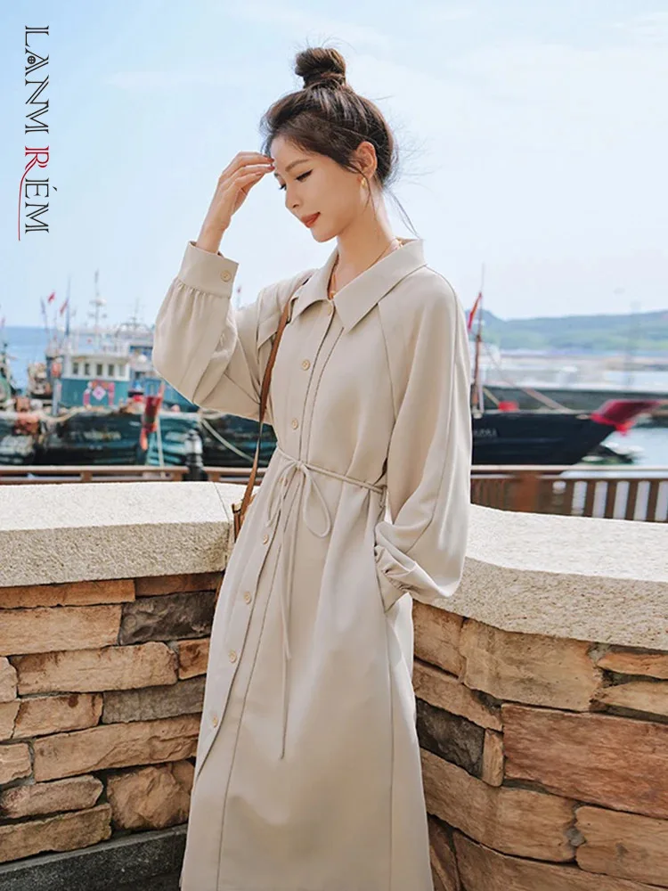 

Платье LANMREM в Корейском стиле, женские платья с отложным воротником и длинными рукавами, однобортные платья с поясом, Женская шикарная одежда, новинка весны 2024, 2DA3926