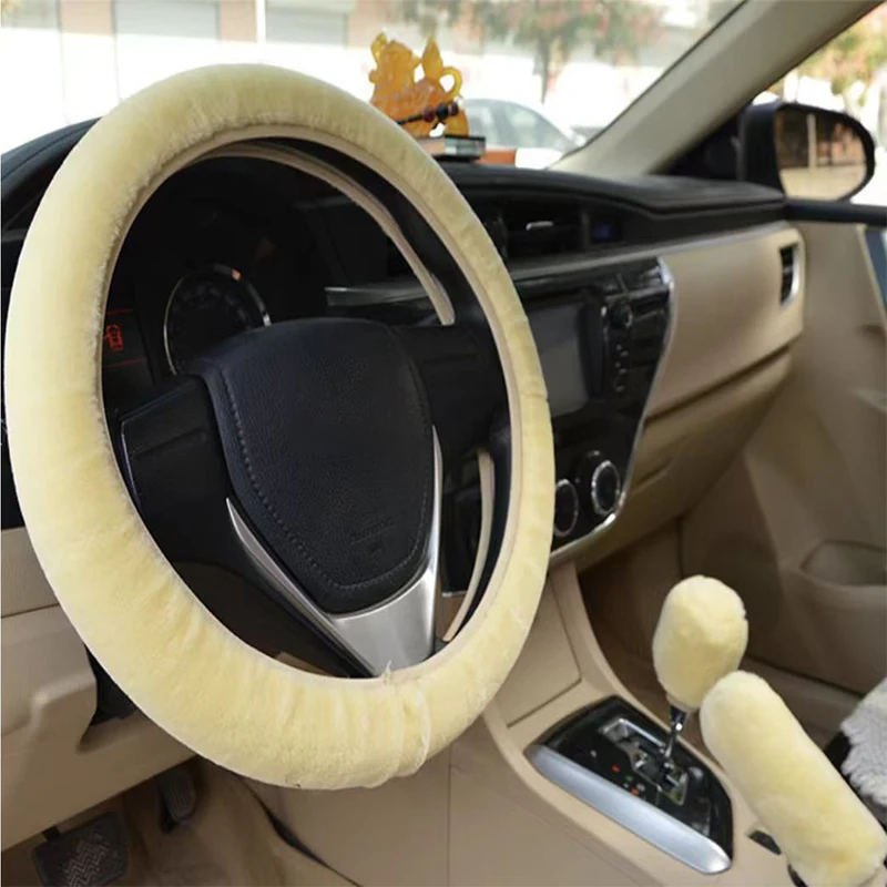 Soft Plush Car Steering Wheel Cover Gearshift Handbrake Cover Protector Decoration Warm Super Thick Plush Collar Soft Black 3Pcs
