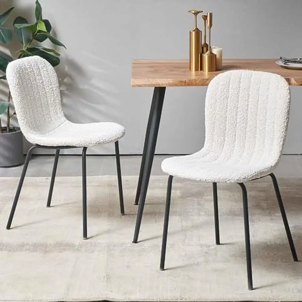 Rectangular Dining Table Set w/ Upholstered Faux Fur Chairs 4 Person 5-Piece Beige Boucle Side Table Mid-Century Style Dining