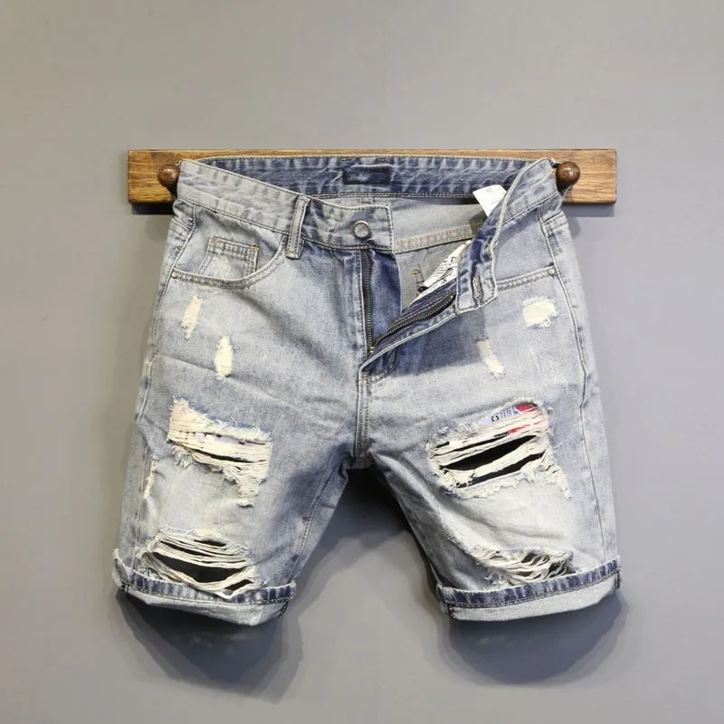 best men's casual shorts Summer New Mens Slim Denim Shorts Hole Fashion Straight Japanese Style Korean Streetwear Business Casual Knee Length Shorts smart casual shorts mens