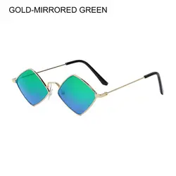 Chic Retro Diamond Sunglasses with Small Metal Frame & UV Protection (Gold-Mirrored Green)