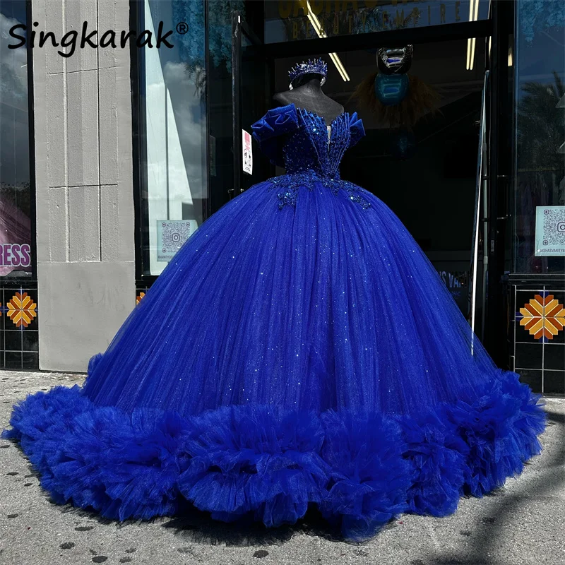 

Princess Royal Blue Off Shoulder Ball Gown Quinceanera Dresses 2024 Ruffle Bottom Beads Crystals Birthday Party Sweet 16 Dress