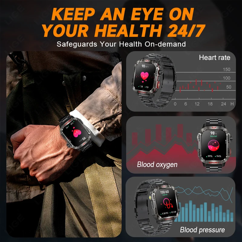 New For Android IOS Military GPS Smart Watch Men Flashlight Compass Waterproof Outdoor Sports Tracker Bluetooth Call Smartwatch