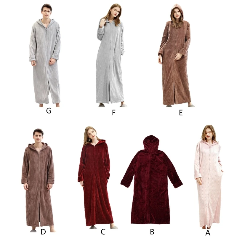 Flannel Zipper Warm Robe Cozy Fuzzy Long Bathrobe Housecoats Nightgown Sleepwear Plush Night Dressing Robes Women Men