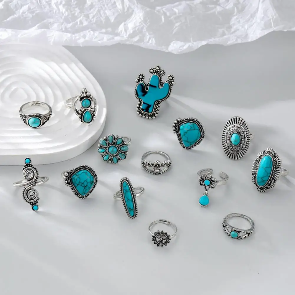 Long-lasting Rings Bohemia Rings Vintage Bohemian Adjustable Ring Set with Cactus Sun Shape Faux Turquoise Knuckle Rings for Her 6