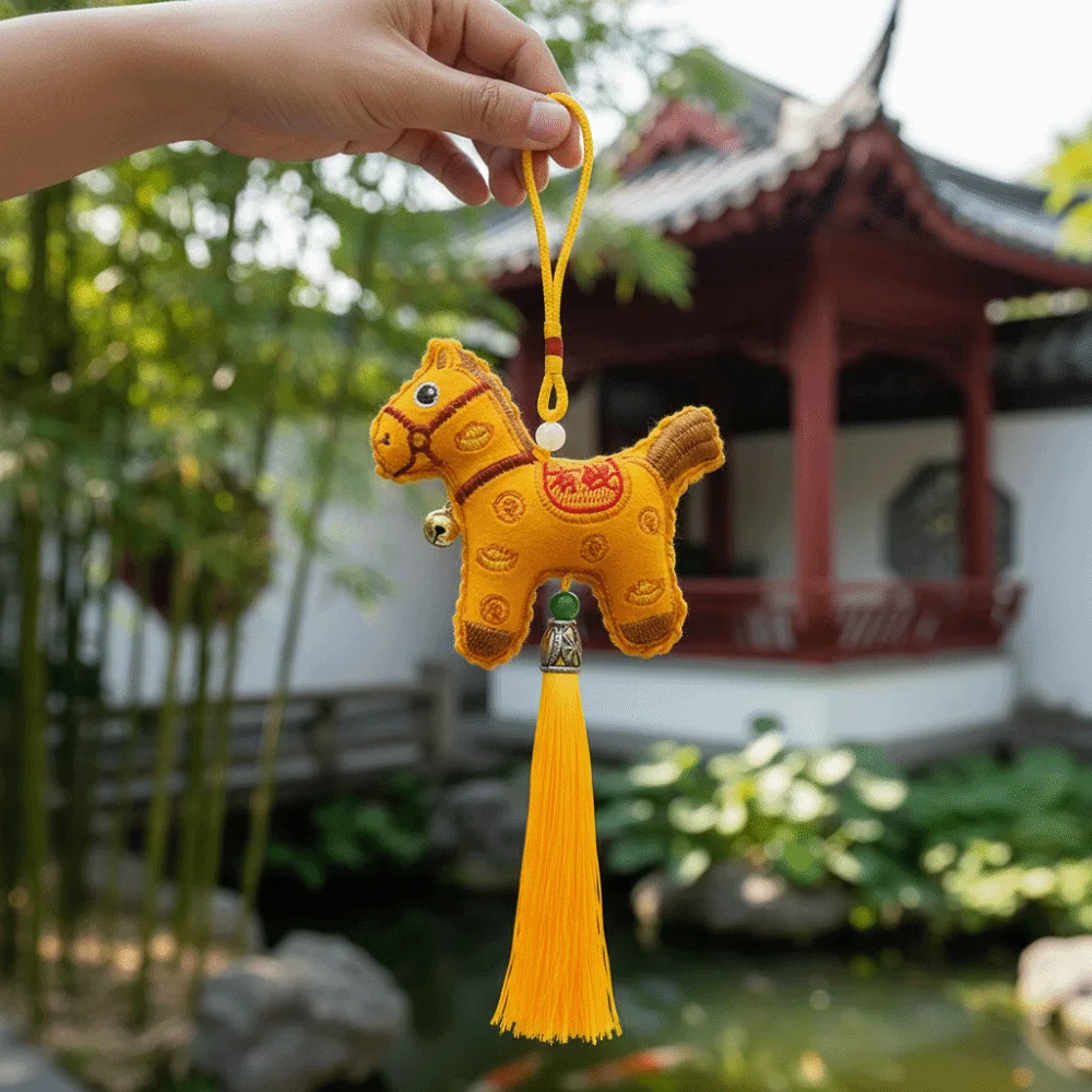 Chinese Style Pony Embroidered Pendant Spring Festival Tassel Horse Hanging Decoration Keychain Zodiac Mascot