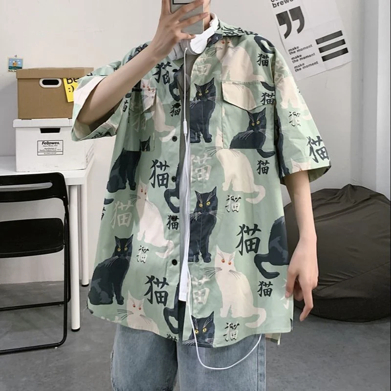 

Hawaiian Shirt Men Summer Geometric Print Shirts Short Sleeve Button Blouse Top Loose Casual Spring Male Clothing