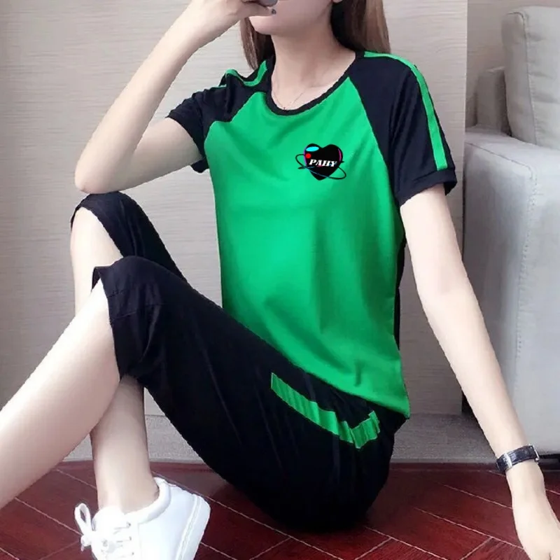 Women Summer Casual Sports Suit Loose Short-Sleeved Cropped Pants Plus Size Running Suit Two-Piece Set