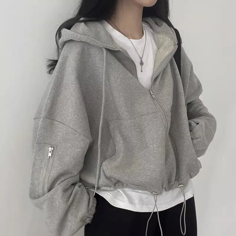

2023 New Oversize Women Hoodies Casual Solid Zip Up Hooded Sweatshirt Harajuku Korean Loose Couple Hoodie Jacket Coat Streetwear