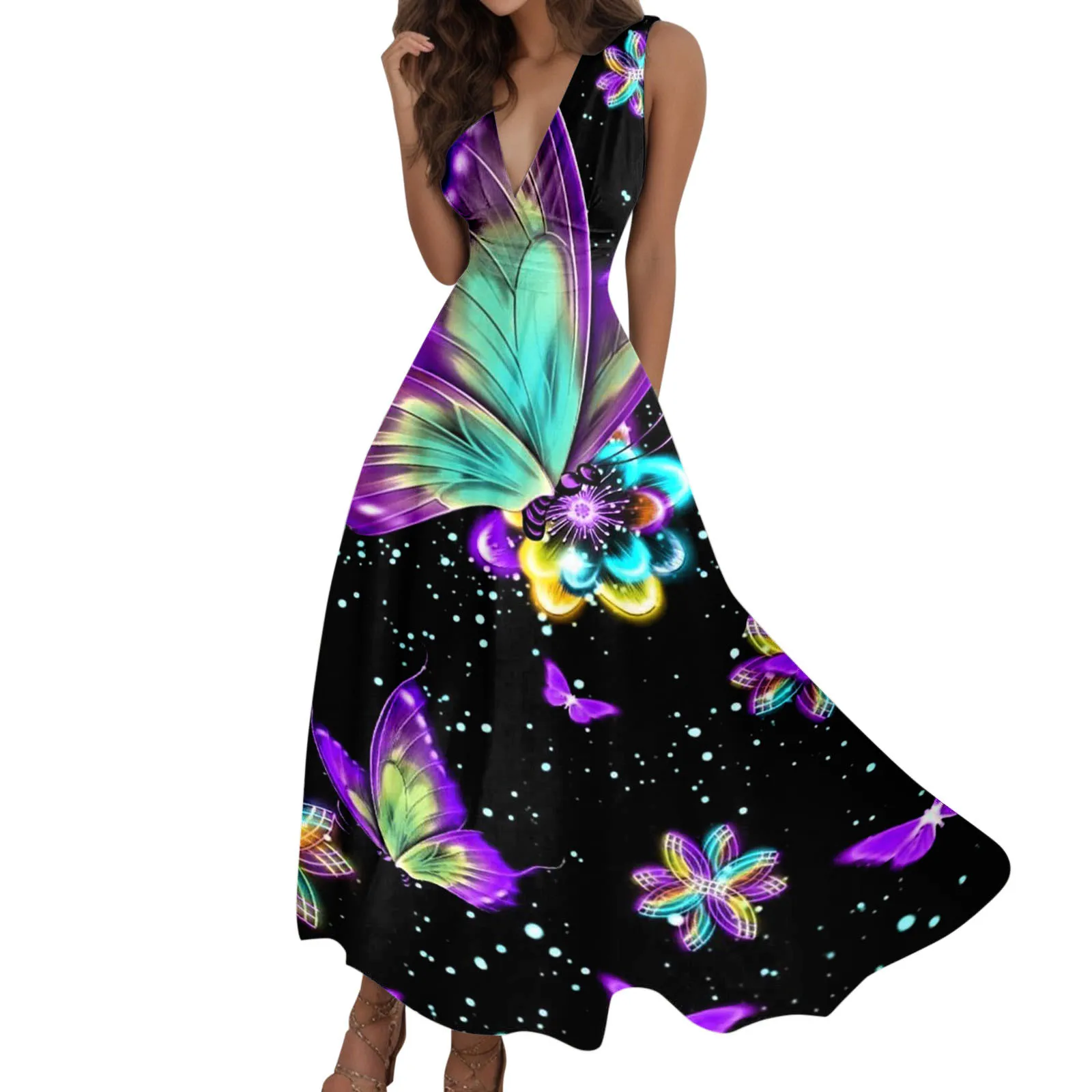 

Women Summer Sexy Deep V Neck Formal Sleeveless Long Dress Gradient Zipper Swing Dresses Womens Skate Dress